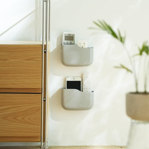 SUNFICON 2 Pack Adhesive Remote Control Holder Gray Wall Mount Media Player Controller Holder Universal TV Remote Organizer Caddy Box Tray Hollow Bottom Easy Phone Charging Home Office Desk Nightstand