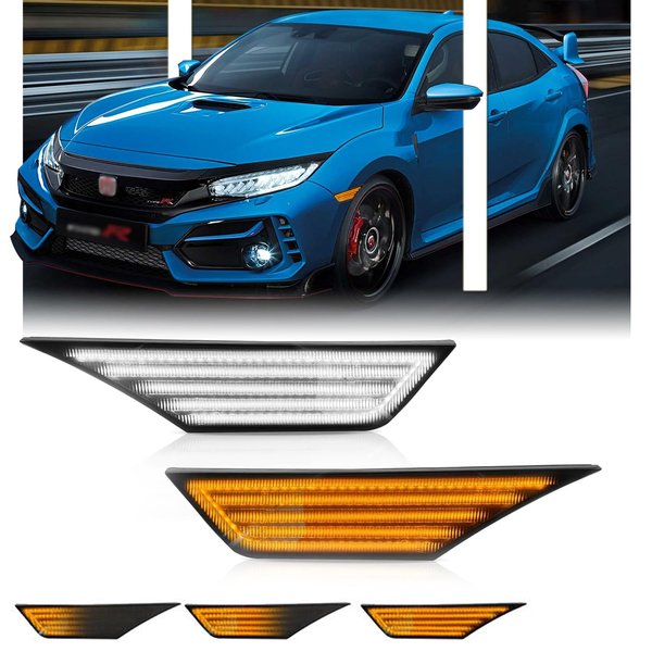 GSOWO 2 PCS LED Side Marker Lights Assembly for Honda Civic 2016-2021 10th Gen Sedan Coupe Hatchback, Sequential Front Side Indicator Fender Lamp, Amber Turn Signal White Position Lamp, Accessories