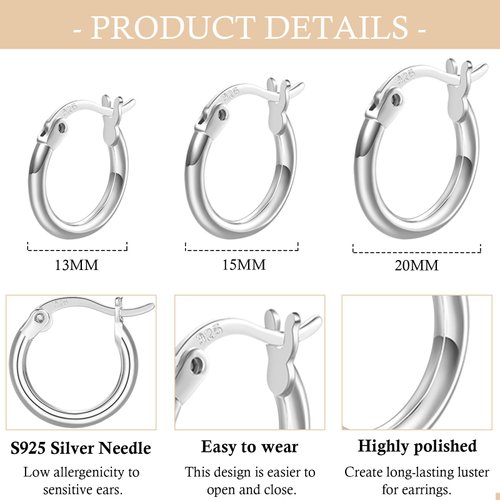 3 Pairs 925 Sterling Silver Hoop Earrings | Small White Gold Plated Hoop Earrings for Women Girls (13mm, 15mm, 20mm)