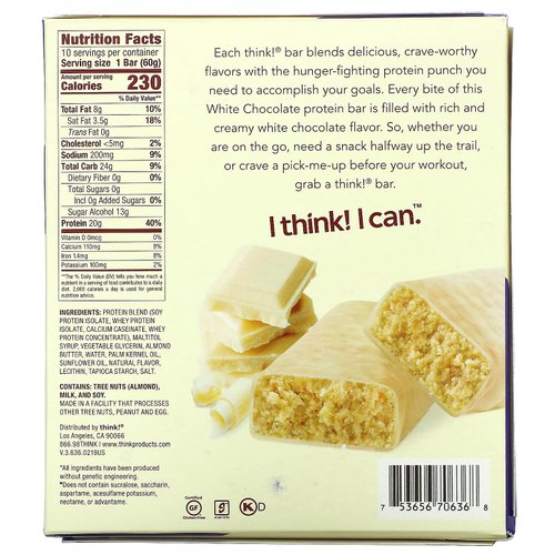 High Protein Bars, White Chocolate, 10 Bars, 2.1 oz (60 g) Each, Think !