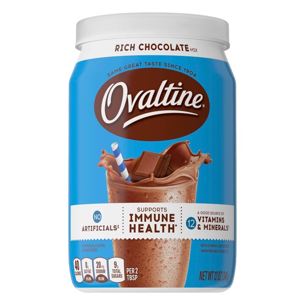 Ovaltine Rich Chocolate Drink Mix, Powdered Drink Mix for Hot and Cold Milk, 12 OZ Canister