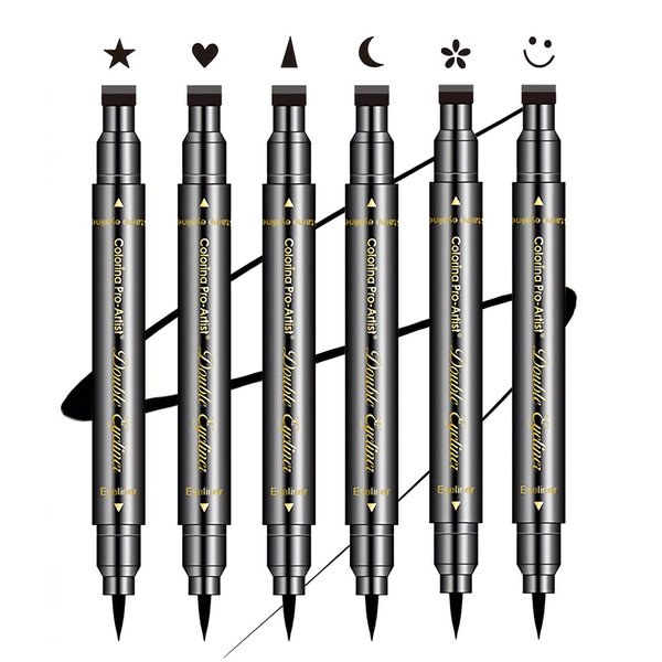 SUMEITANG 6 Pcs Double-headed Eyeliner Stamps Set Black Liquid Eye Liner Pen With Star,Moon,Heart,Flower,Smiley,Triangle Stamp Stencils Shapes for Women Makeup Kit Long-Lasting Waterproof Smudgeproof