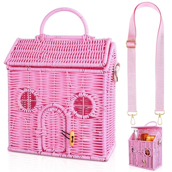 Handmade Rattan Doll House Rattan House Shape Shoulder Bag Wicker Basket with Lid Mouse in a Box House for Doll Toys Rattan Storage Basket Small Dollhouses Cute Woven Handcrafted Artwork Gift (Pink)