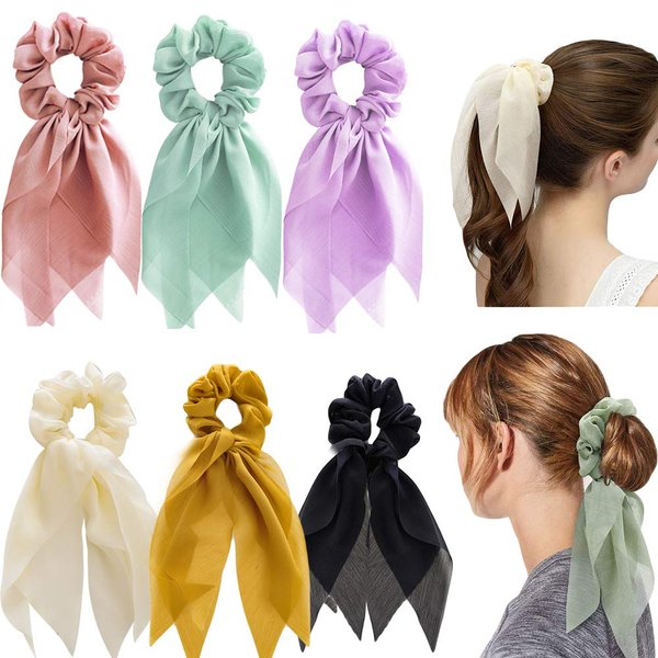 Elegant Scarfs hair scrunchies ribbon for Women Girls, 8 Pcs Double Layer Bow Scrunchies for Hair Cute Bunny Ear Hair Ties Scrunchies (6 Colors Solid Hair Ribbon Bow Scrunchies)