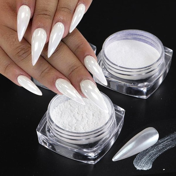 White Pearl Chrome Nail Powder - 2 Boxes Pearl Powder Ice Transparent Aurora Chrome Nail Powder, High Gloss Pearlescent Iridescent Glitters Powder Metallic Pigment for Nails