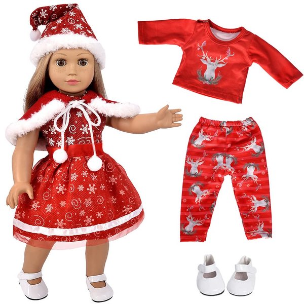 ebuddy Doll Clothes and Accessories 5pc Christmas Clothes Dress with 1 Pair Shoes for 18 inch Girl Doll,Most 18 Inch Dolls