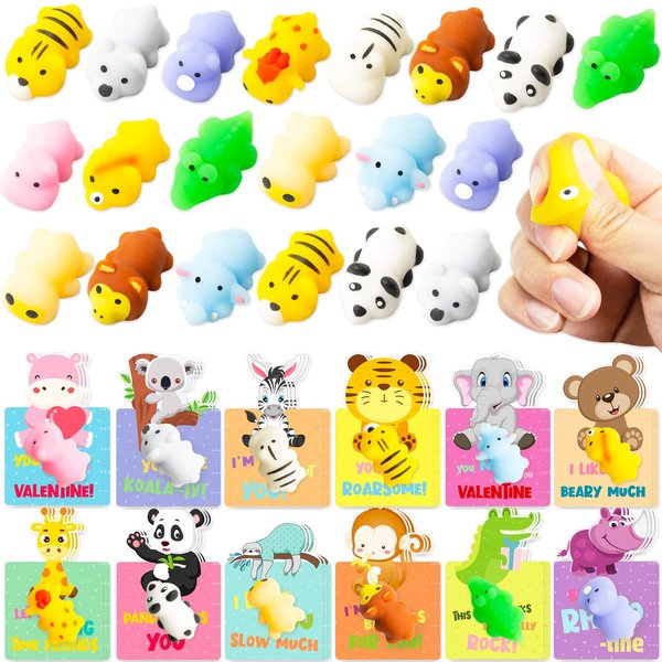 OOINQQ Valentines Day Cards with Squishy Gift for Kids School Classroom 36Pcs Animals Mochi Squishy Toys with Cards for Kids Valentines Party Favors Classroom Exchange Gifts
