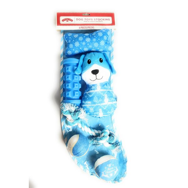Holiday Time Dog Toys Stocking with Six (6) Blue Pet Toys Including Balls Squeakers and Tug-of-War Rope