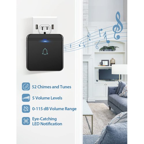 AVANTEK Wireless Doorbell, D-3B Waterproof Door Chime Kit Operating at over 1300 Feet with 2 Plug-In Receivers, 52 Melodies, CD Quality Sound and LED Flash