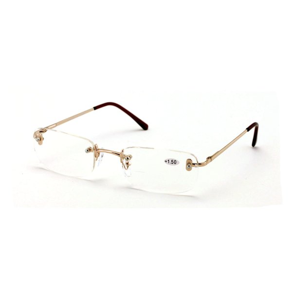 V.W.E. Clear Bifocal Rimless Rectangle Reader Reading glasses - Comfortable Stylish Simple Readers (Gold, 2.50)