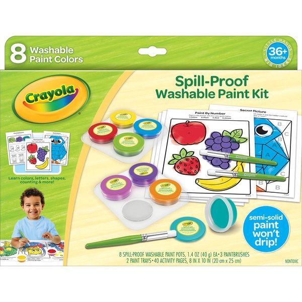 Crayola Spill Proof Paint Set (8ct), Washable Toddler Paint Kit, With Activity Pages, Kids Paint Brushes, Paint Pots, Holiday Gift, Ages 3+