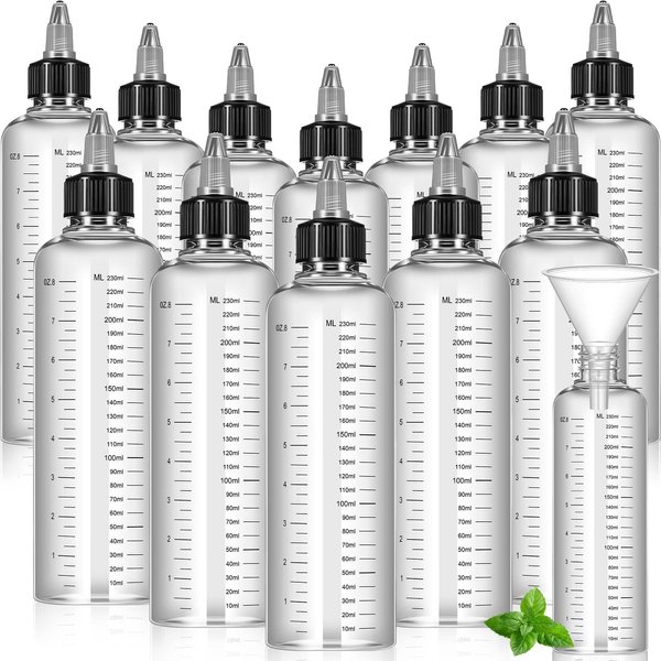 Barydat 12 Pcs Twist Top Applicator Bottle 8 oz Hair Dye Bottle Hair Squeeze Bottle Applicator Hair Oil Container with Ratio Graduated Scale, Black Open Close Nozzle and 2 Funnels for Shampoo Lotion