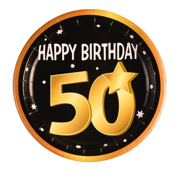 Forum Novelties X81639 50th Birthday Paper Plates 9" (8 in pkt), Black, Gold, White