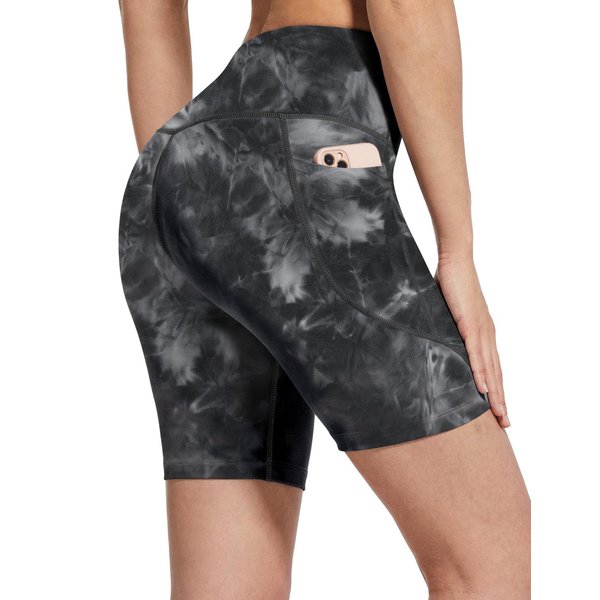 BALEAF Biker Shorts Women Yoga Gym Workout Spandex Running Volleyball Tummy Control Compression Shorts with Pockets Soft 7" Tie Dye Black M