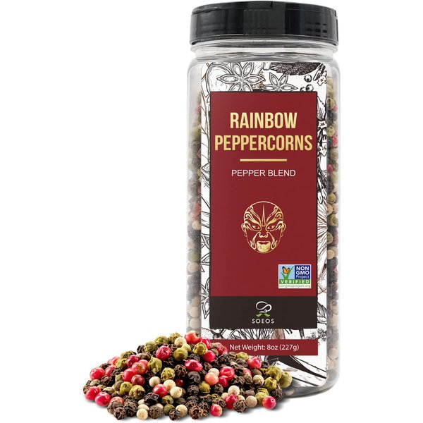 Soeos Rainbow Peppercorns, 8oz (Pack of 1), Non-GMO, Kosher, Packed to Keep Peppers Fresh, Peppercorn for Grinder Refill, Whole Peppercorns