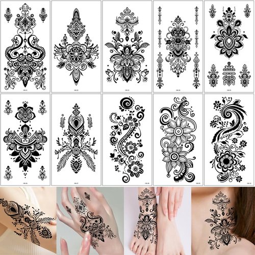 Generic 10 Sheets Mandala Temporary Tattoo Stickers, Mystery Flower Waterproof Lace Pattern Tattoos for Women Girls DIY Body Art Face Arms Legs (Black)