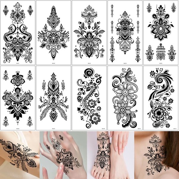 Generic 10 Sheets Mandala Temporary Tattoo Stickers, Mystery Flower Waterproof Lace Pattern Tattoos for Women Girls DIY Body Art Face Arms Legs (Black)