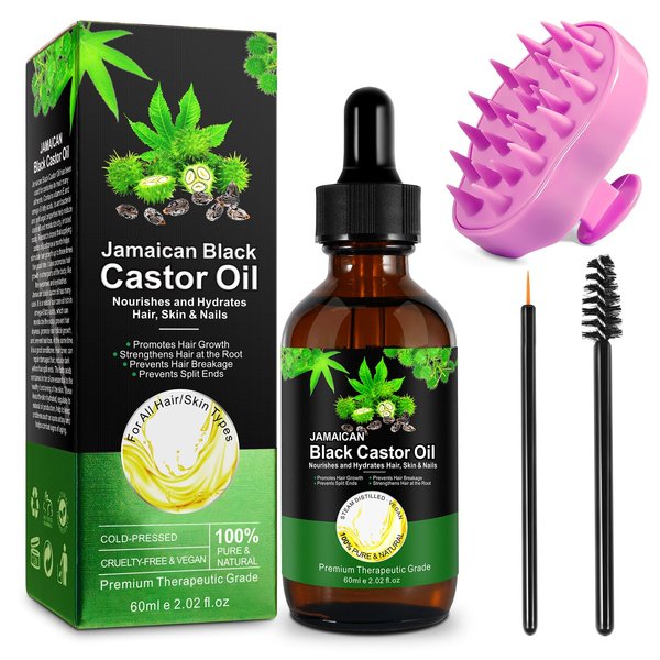 worafy Jamaican Black Castor Oil with Scalp Massager, Organic Cold Pressed Castor Oil for Hair Growth,Dry Damaged Frizzy Hair, Massage Oil for Aromatherapy
