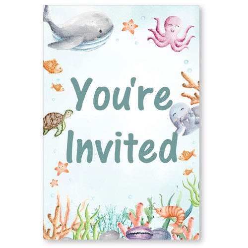 Under the Sea First Birthday Invitations with Envelopes Set of 20 Watercolors Whale Turtle Shark Jellyfish Sea Life 1st Birthday Party Invites Fill in Blank