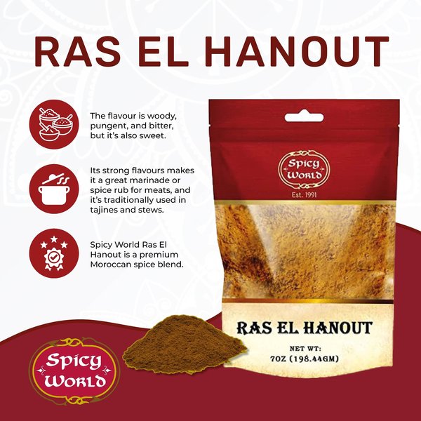Ras El Hanout Moroccan Seaoning 7 oz – Premium Spice Blend – for Authentic Marinades & Rubs - by Spicy World (7 Oz Bag)