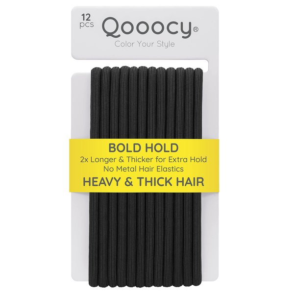 Qooocy Extra Long Hair Tie for Long Thick and Curly Hair Elastic Ponytail Holders for Women or Men No Metal Long Hair Bands Hair Accessories for Long Lasting Braids, 12 Count, Black