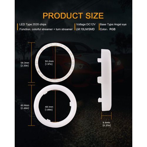 Qasim Angel Eyes Halo Rings Cotton Lights 12V 60MM RGB LED Universal for Car Scooter Motorcycle DRL Fog Light Turn Signal Lamp APP Bluetooth Control Multi-Color 2-Pack
