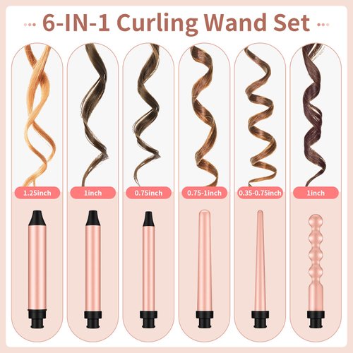 WILLBOND 6 in 1 Curling Iron Instant Heat up Curling Wand Set with 6 Interchangeable Ceramic Barrels and 3 Temperature Adjustments Curler Set Fast Heating Hair Wand Curler with Protective Glove