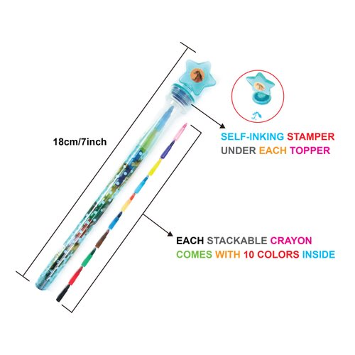 TINYMILLS 24 Pcs Horse Pony 2 in 1 Stackable Stacking Crayon with Extra Stamper Topper, Kids Party Favors, Goodie Bag Stuffers, Classroom Rewards, Prizes