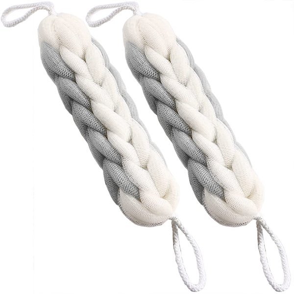 AARAINBOW 2 Packs Upgraded Long Stretch Back Sponge with Rope Handles Back Scrubber Bath Shower Mesh Sponge Exfoliating Body Scrub Stretch Braided Loofah for Men Women Braided Mesh Shower (Gray+Pink)