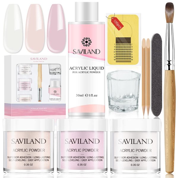 Saviland Acrylic Nail Kit - Clear Pink Nudes Acrylic Powder & Acrylic Liquid with Acrylic Nail Brush Nail Forms All-in-1 Acrylic Nail Kit System for Nail Art Salon Use Home DIY