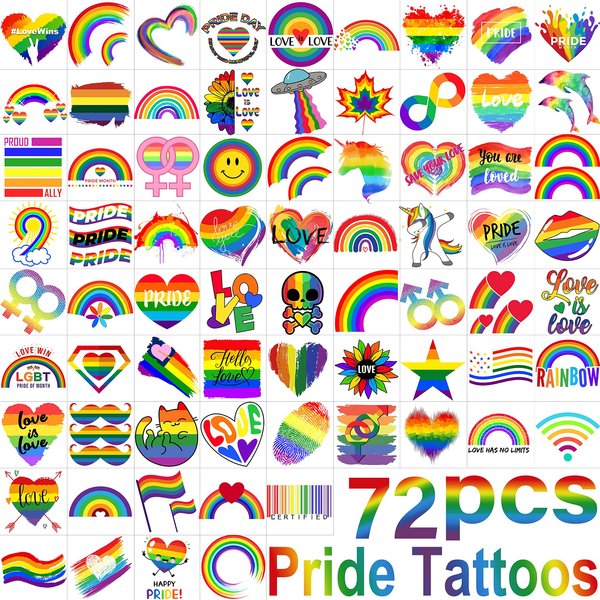 VANTATY 72 PCS Pride Tattoos, Rainbow Temporary Tattoos For Women Men Adults, LGBT Kids Pride Face Tattoos Temporary, Heart Flag Stripes Rainbow Body Stickers, LGBT Gay Pride Accessories Parade Festival Celebrations Party