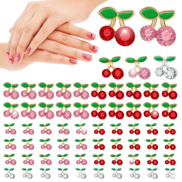Tyqour 60Pcs 3D Cherry Nail Charms Crystal Diamond Jewels Rhinestones Cherry Charm Jewelry Decorations for Women Girls Nails Jewelry Making Crafts DIY Manicure