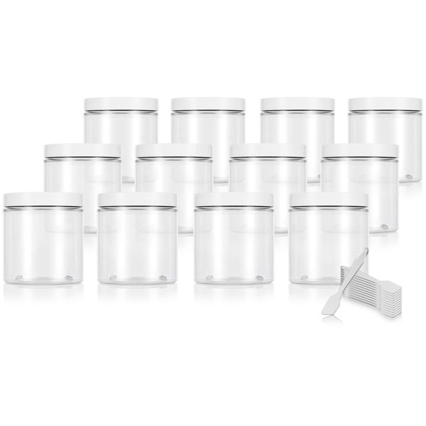 8 oz Clear PET Plastic Jar with Smooth White Lid (12 pack) Refillable Empty Storage Containers