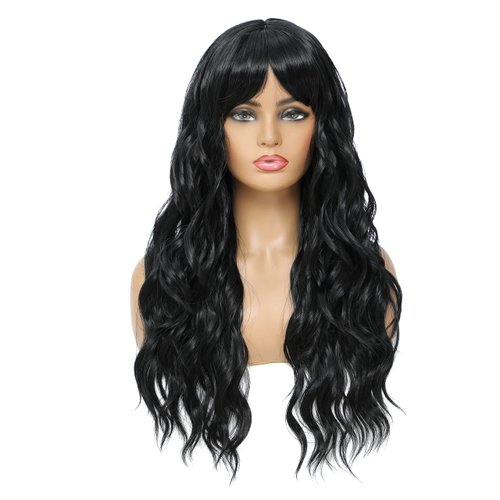 SWACC Long Curly Wavy Wig with Bangs Synthetic Hair Wig for Women with Wig Cap (Black)