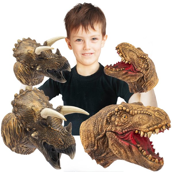 Yolococa Dinosaur Hand Puppets Realistic Latex Soft Animal Head Toys Set, Hand Puppet Toys Gift for Kids, Party Show Imaginative Play (Tyrannosaurus & Triceratops)