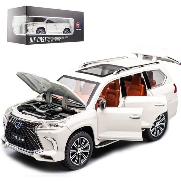 EROCK Exquisite car Model 1/24 Lexus 570 Off-Road in Luxury SUV Model Car, Zinc Alloy Pull Back Toy car with Sound and Light for Kids Boy Girl Gift (White Lexus car Toy)