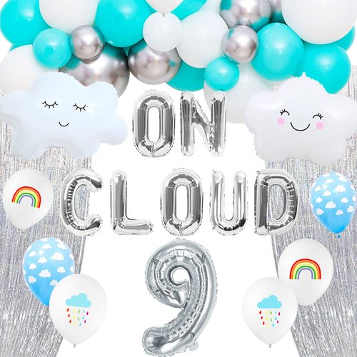 LaVenty 43 PCS Silver On Cloud 9 Balloons On Cloud 9 Birthday Decoration 9 Birthday Decoration Nine Years Old Birthday Balloon On Cloud 9 Party Supplies Cloud Balloon