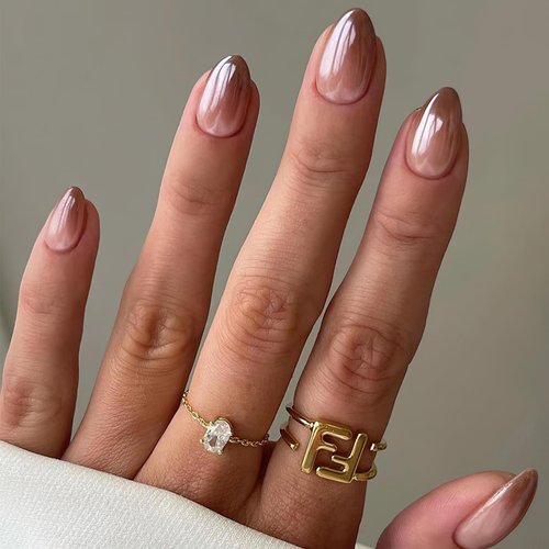 ZASKHLD Gradient Brown Chrome Press on Nails Medium Almond Fake Nails Glossy Brown coffin False Nails with Mirror Metal Design Ombre Acrylic Glue on Nails for Women Girls Manicure Nail Decor 24Pcs