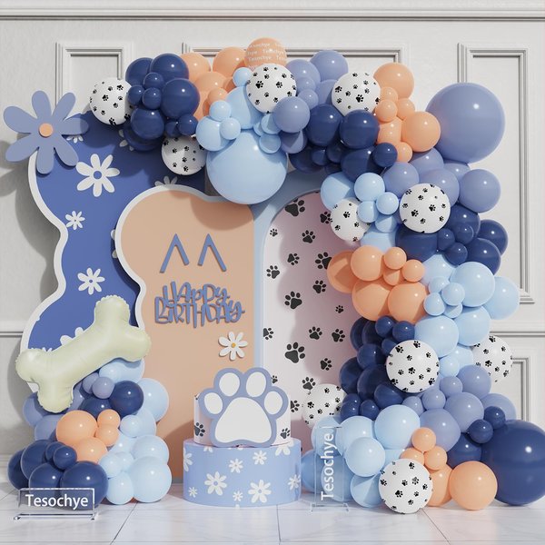 147 Pcs Blue Birthday Party Decorations, Haze Gray Nude Navy Blue Dog Paw Balloons Arch Garland Kit with Bone Foil Balloons for Boys Girls Baby Shower Blue Puppy Theme Birthday Party Supplies