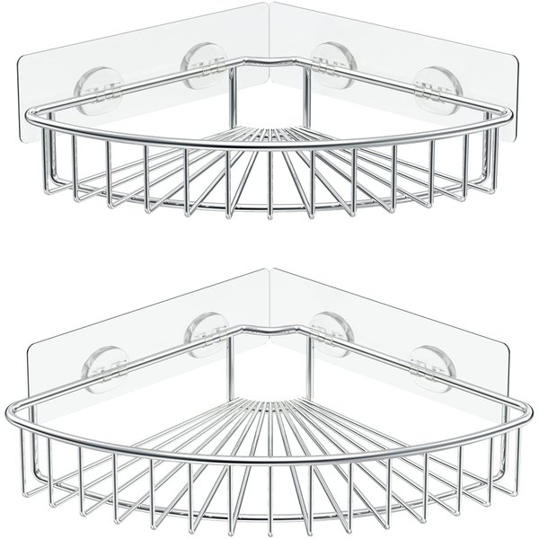 SMARTAKE 2-Pack Corner Shower Caddy, SUS304 Stainless Steel, Wall Mounted Bathroom Shelf with Adhesive, Storage Organizer for Toilet, Dorm and Kitchen (Silver)