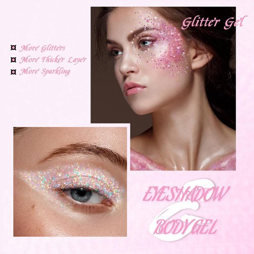 12 Colors Body Glitter Gel Set, Face Glitter Gel Makeup Festival Gel for Body, Hair Glitter Gel, Glitter Eyeshadow,Multi-Use & Mixable, Music Festival Essentials, Quick Dry Glitter Glue with Brushes