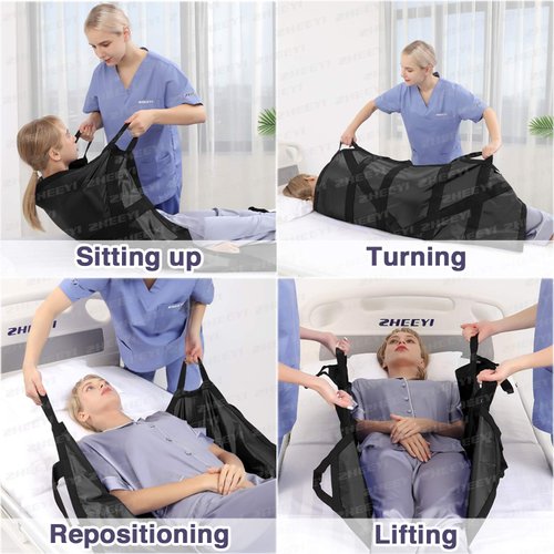 ZHEEYI Multipurpose 55" x 36" Positioning Bed Pad with Reinforced Handles - Reusable & Washable Patient Sheet for Turning, Lifting & Repositioning - Double-Sided Nylon Fabric, Black