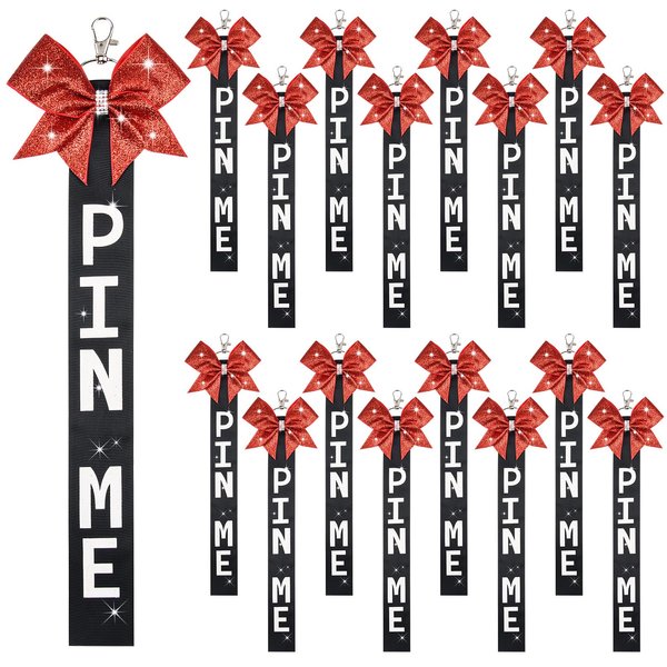 16 PCS Cheer Pin Me Ribbon Cheer Bag Bow Keychain with Rhinestones Bow Pin Me Cheer Competition for Teen Girls Cheerleading Sports Accessory(Red Black)