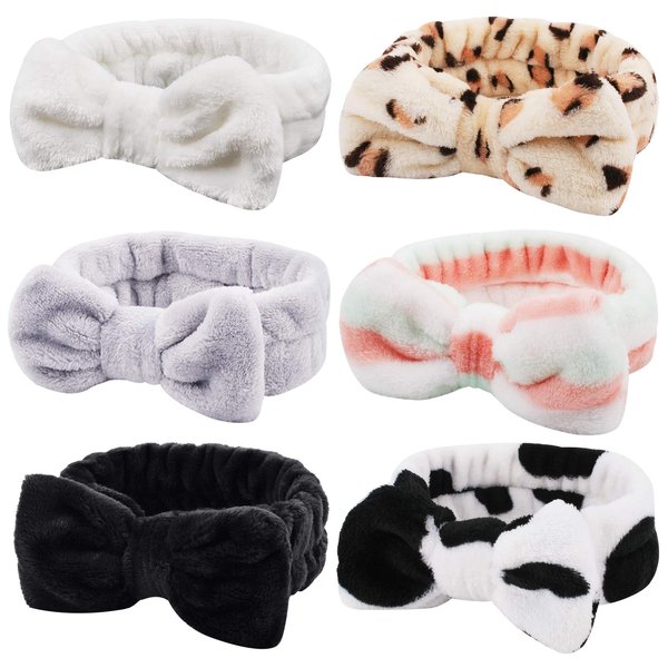 Casoty 6 Pieces Bow Hair Band Spa Headband for Women Soft Coral Fleece Headband for Washing Face Terry Cloth Headband Makeup Headband Yoga Sport Headband