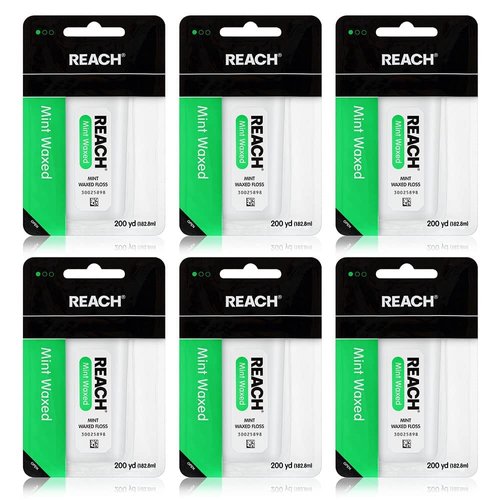 Reach Waxed Dental Floss Bundle | Effective Plaque Removal, Extra Wide Cleaning Surface | Shred Resistance & Tension, Slides Smoothly & Easily, PFAS Free | Mint Flavored, 200 YD, 6pk