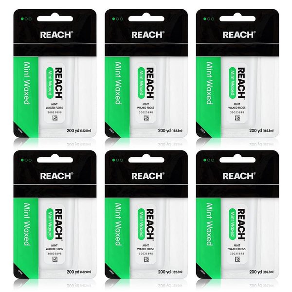 Reach Waxed Dental Floss Bundle | Effective Plaque Removal, Extra Wide Cleaning Surface | Shred Resistance & Tension, Slides Smoothly & Easily, PFAS Free | Mint Flavored, 200 YD, 6pk