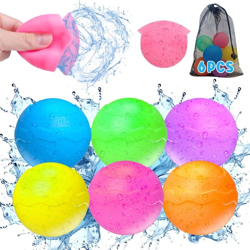COSOOS 6 Pack Reusable Water Balloons for Kids, Summer Toy Water Toy for Boys Girls, Pool Beach Toys for Kids 3-12, Outdoor Activities Water Games Toys Self Sealing Refillable Water Balloons for Fun
