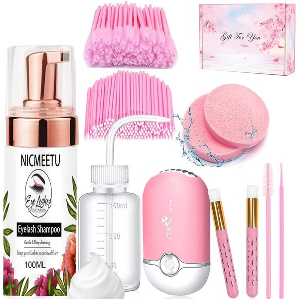 NICMEETU 100ML Lash Shampoo for Lash Extensions.Lash Cleaning Kit with 1 Pcs USB Lash Fan 50 Pcs Eyelash Brushes 100 Pcs Micro Brush 2 Pcs Lash Shampoo Brush 2 Pcs compressed Sponge and Rinse Bottle