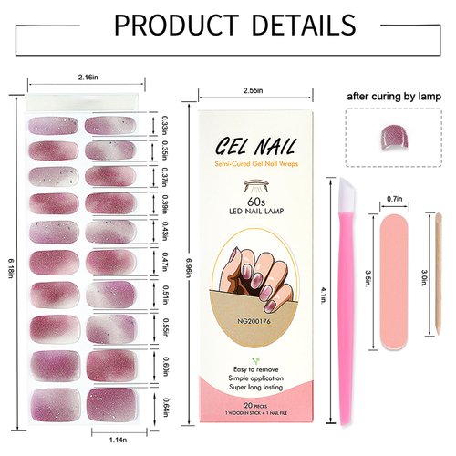 WOKOTO Semi Cured Gel Nail Strips, Gradient Pink Glittery Gel Nail Polish Stickers Full Wraps for Women, Easy to Apply&Remove, with Nail File & Wood Stick (UV/Led Lamp Required)