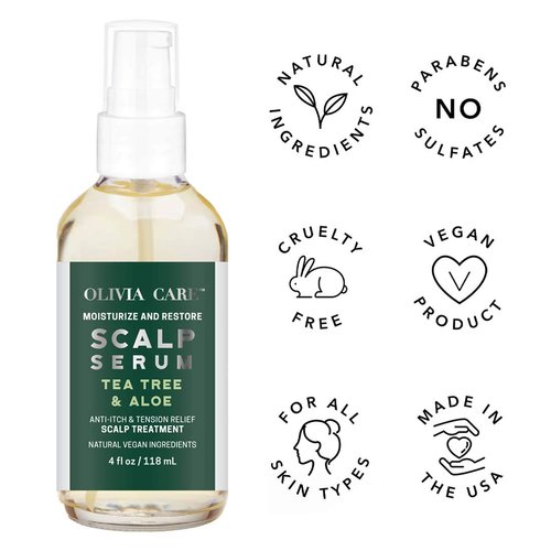 Olivia Care Tea-Tree & Aloe Hair Scalp Serum Natural & Vegan Ingredients - Moisturize &, Anti-Itch Hair & Scalp Treatment - Stimulate Growth & Repair Hair Damage - 4 FL OZ